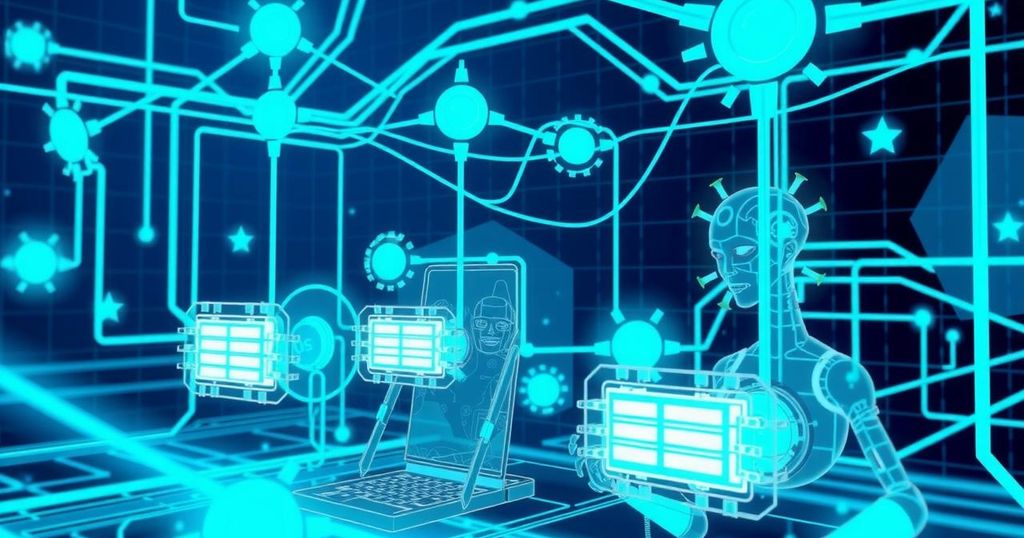 An abstract representation of AI agents collaborating in a digital network, showcasing tasks being performed autonomously.