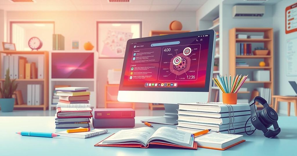 A vibrant illustration of AI education initiatives, featuring diverse tools and learning environments in a pastel color scheme.
