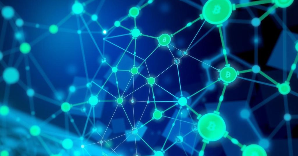 A digital representation of blockchain technology with vibrant colors and geometric patterns.
