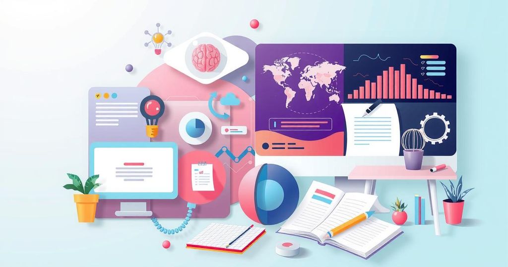 A vibrant collage depicting A.I. tools and education, featuring digital elements and an organized workplace in pastel colors.