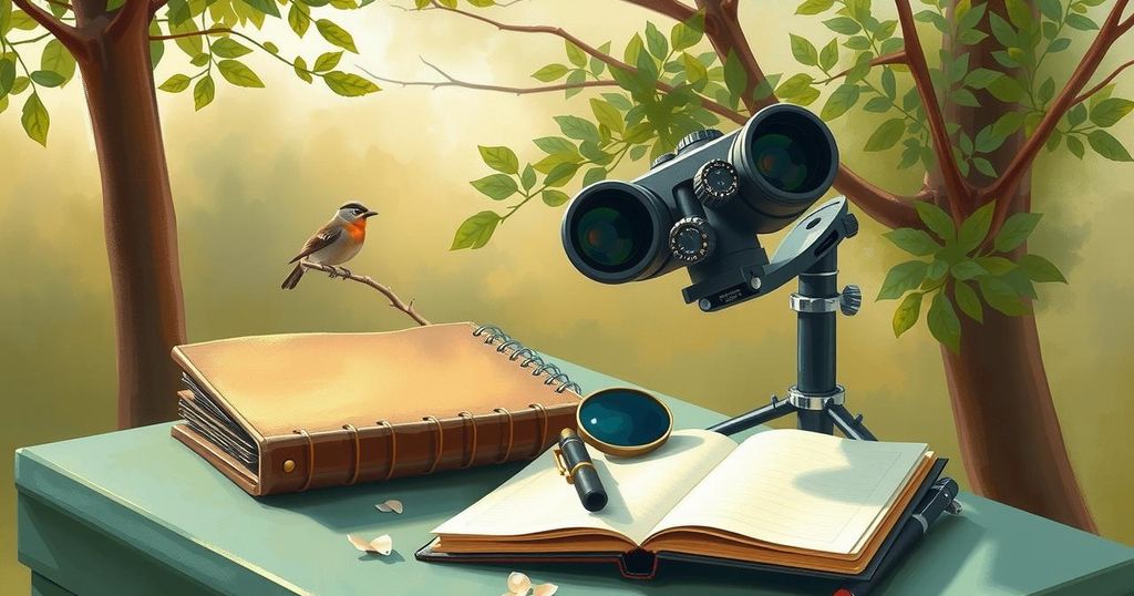 A serene birdwatching scene with binoculars and a notebook in nature, reflecting mindfulness and observation.