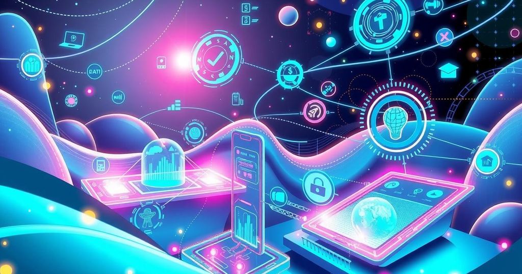 A futuristic digital landscape showcasing AI technology in various sectors, featuring creative representations of AI applications.