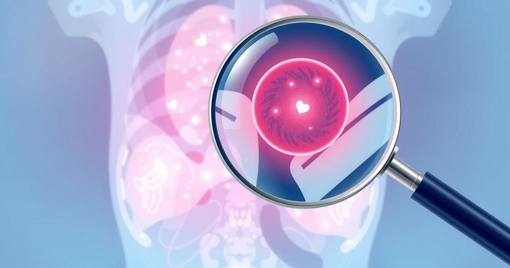A soft pastel illustration of a magnifying glass focusing on a mammogram with glowing regions indicating suspicious areas.