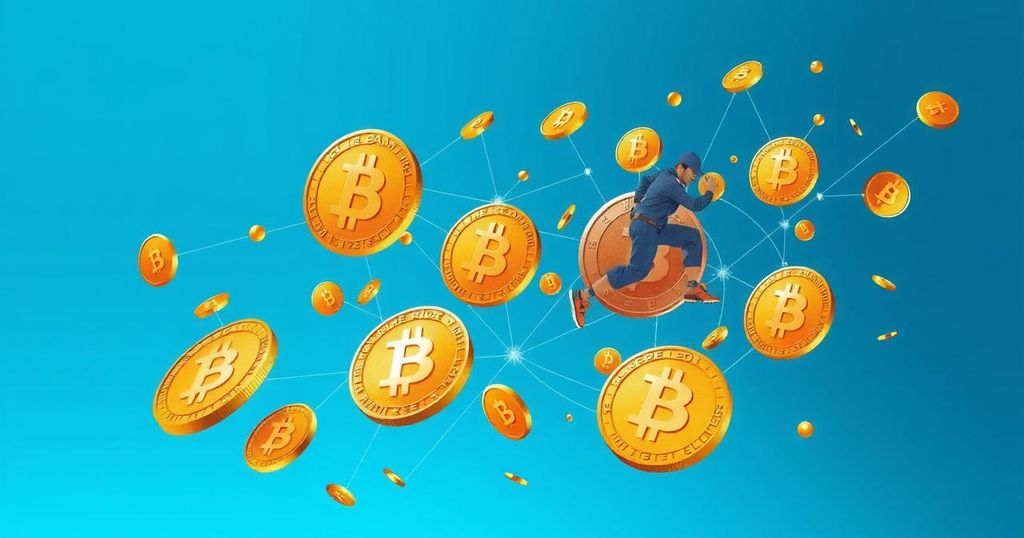 Abstract illustration of cryptocurrency movement with golden coins and digital elements against a blue background.
