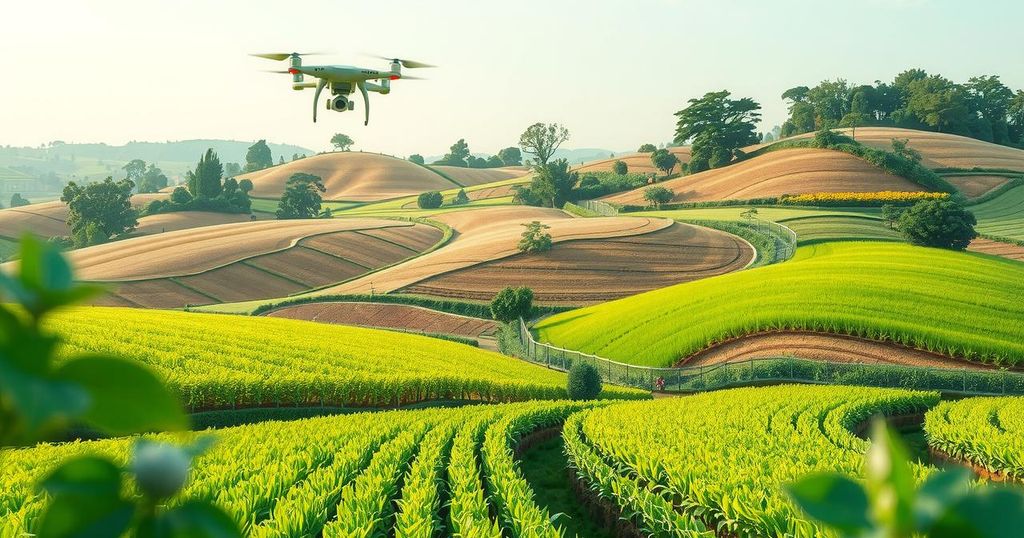 Vibrant farmland with AI technology like drones and smart tools enhancing crop growth in Sub-Saharan Africa.
