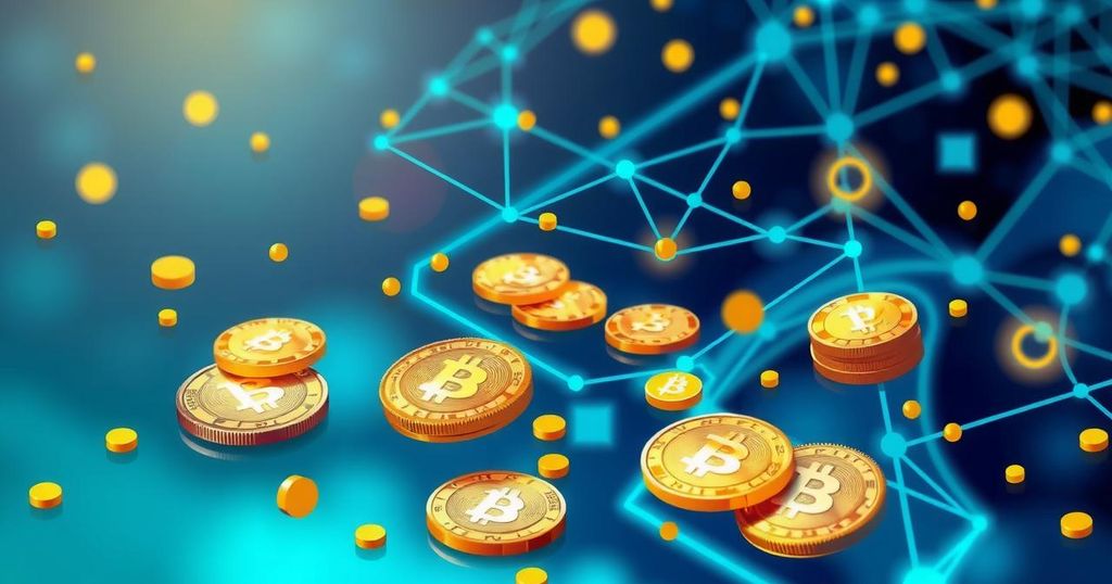 A digital visual representing cryptocurrency regulations with abstract coins and a blockchain design in a modern color palette.