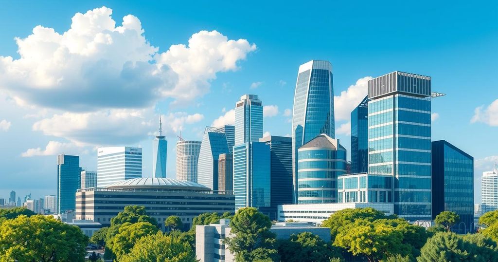 Vibrant Cambridge skyline featuring modern architectural buildings and symbols of innovation and technology.