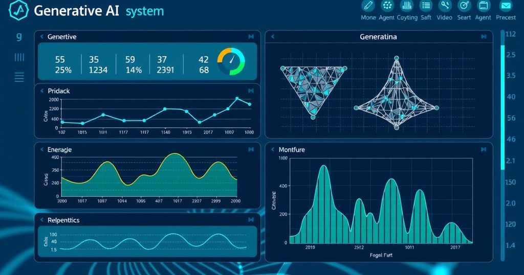 Virtual monitoring interface showcasing generative AI systems in action, highlighting performance metrics and workflows.