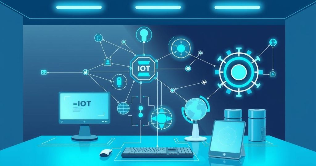 A tech hub filled with IoT devices and sensors showcasing innovation in connectivity and AI applications.