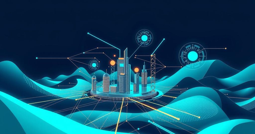Tech landscape featuring a digital hub with abstract AI elements in modern art style and a cool color palette.