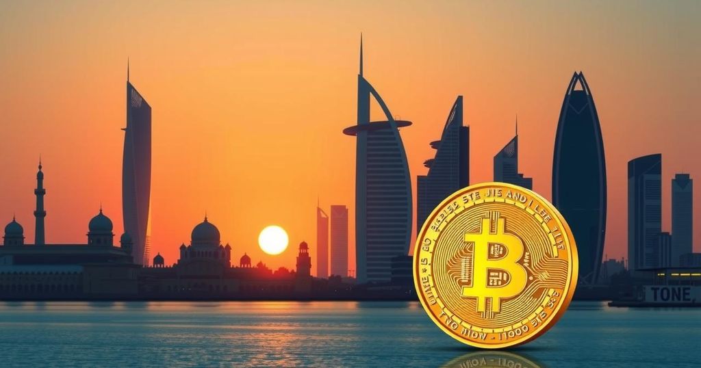 Abstract design of a golden visa with blockchain elements and Toncoin, showcasing a serene UAE skyline in warm colors.