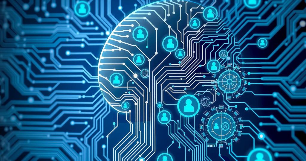 Abstract representation of artificial intelligence with circuitry design and tech elements in a sleek blue color scheme.