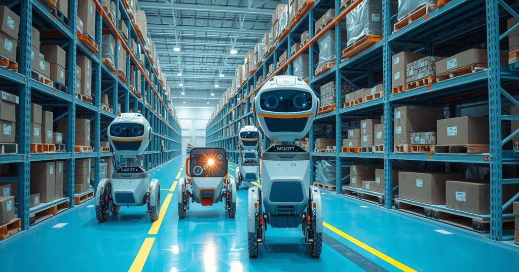 Robotic fleet operations showcase with multiple robots in an industrial setting and a tech-inspired color palette.