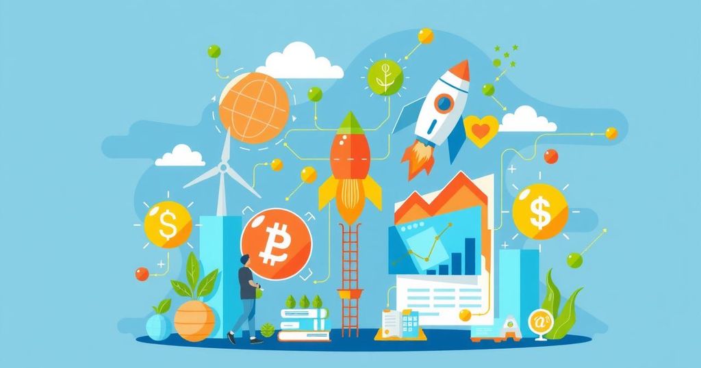 A vibrant design showcasing innovation and startup ecosystems with various industry icons in a colorful layout.