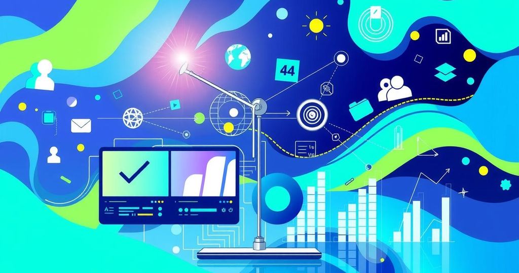 A bright, modern digital workspace featuring vibrant abstract designs and technology elements to symbolize file sharing.