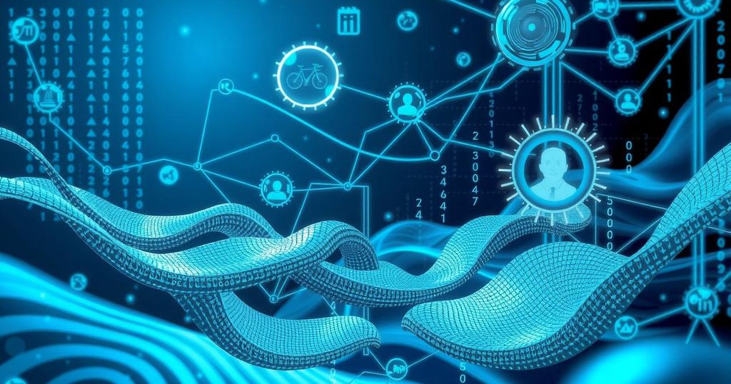 A futuristic technology landscape with abstract AI elements illustrating the challenges of human-level systems.