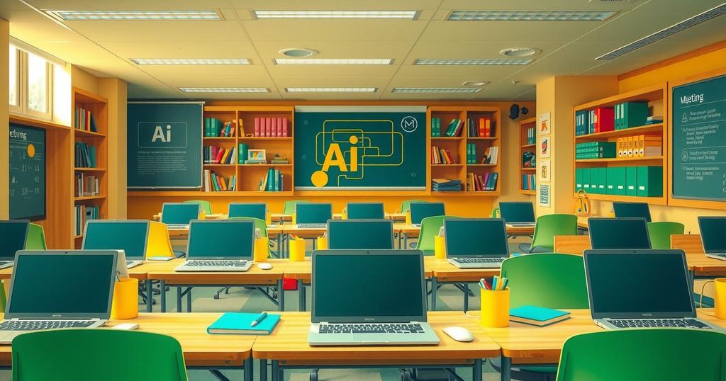 A vibrant classroom with technology tools, books, and AI elements, showcasing a modern educational environment.