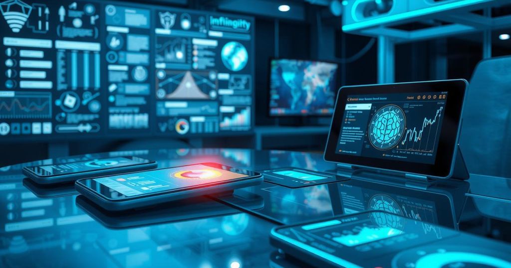 A high-tech digital investigation scene featuring AI technology analyzing data on multiple devices with a bluish color scheme.