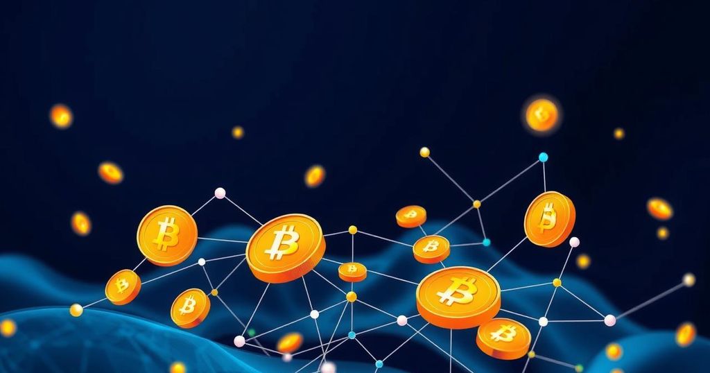 Abstract representation of cryptocurrency with bright gold and dark blue colors, symbolizing fraud with digital connections.
