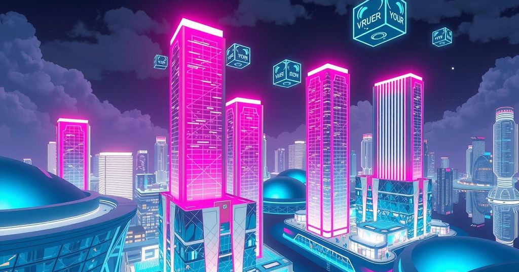 A futuristic cityscape featuring advanced technology, bright neon colors, and elements of virtual reality and sustainability.