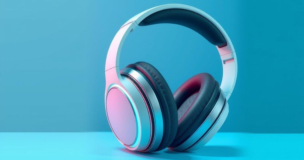A futuristic headphone design showcasing technology advances with sleek lines and eco-friendly materials in a vibrant color scheme.