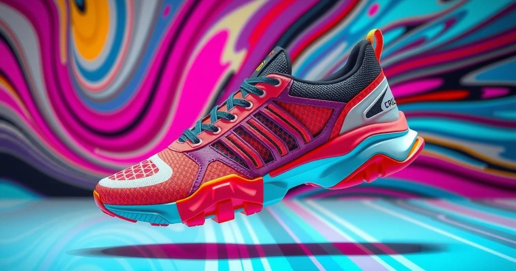 A vibrant, futuristic sneaker design showcasing 3D printing and innovative materials against a colorful backdrop.