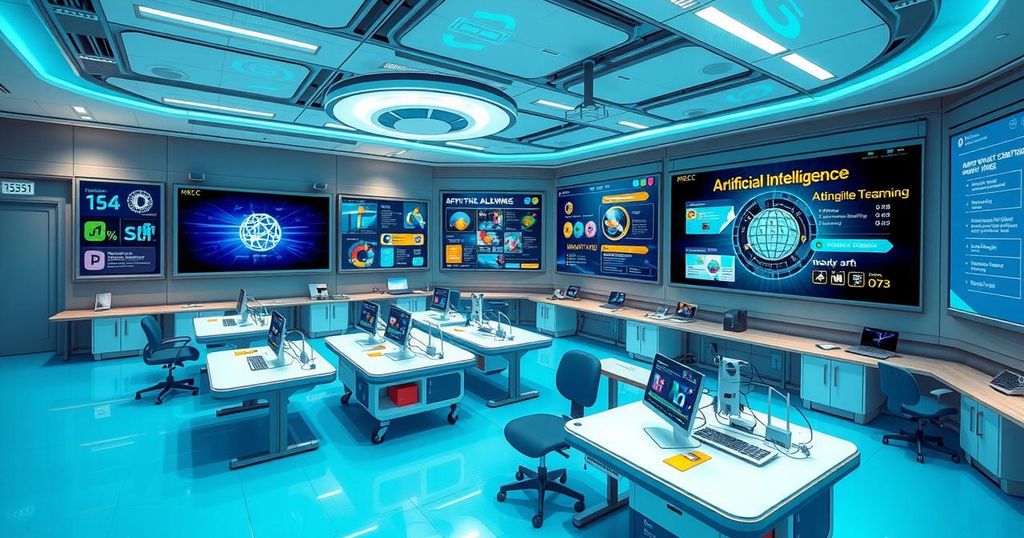 A digital classroom depicting advanced education technology trends like AI and immersive learning tools.