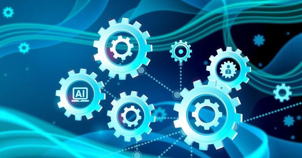 A conceptual illustration showing AI integration within digital workflows and SaaS platforms, with vibrant colors.