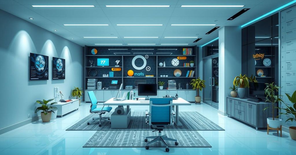 A modern office setting with diverse technology showcasing deep tech innovation and corporate collaboration.