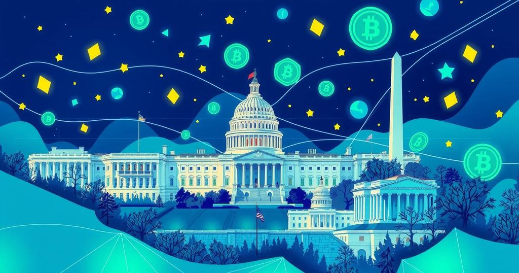 A detailed map of Washington D.C. with crypto symbols, representing legislation and regulation discussions.