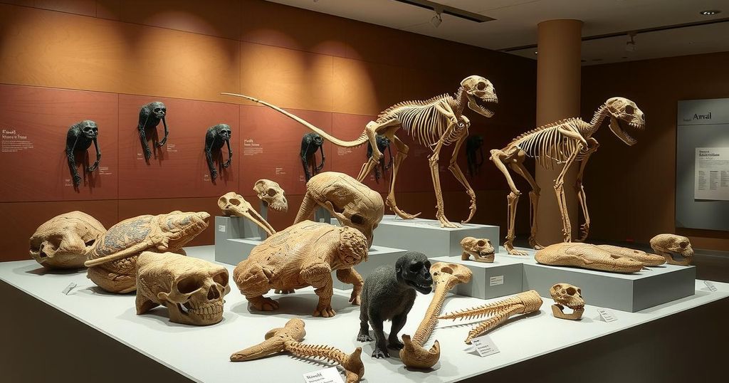 Ancient hominin fossils illustrated in a museum setting highlighting their unique traits and classification.