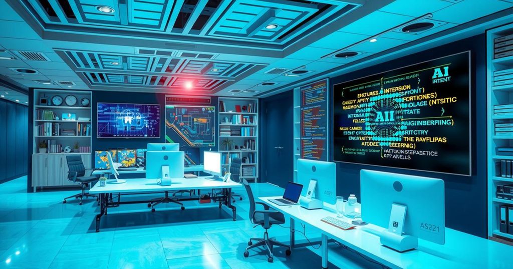 A futuristic office with AI technology and software elements, showcasing transformation and growth in engineering.