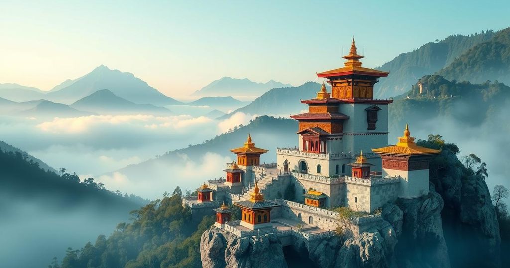 Scenic view of misty mountains and ancient monasteries in Bhutan with a digital currency theme.