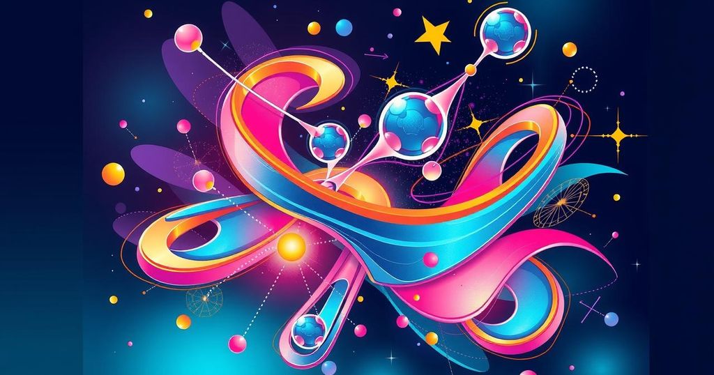 A vibrant illustration representing quantum mechanics concepts, featuring atoms, waves, and entangled particles in bright colors.