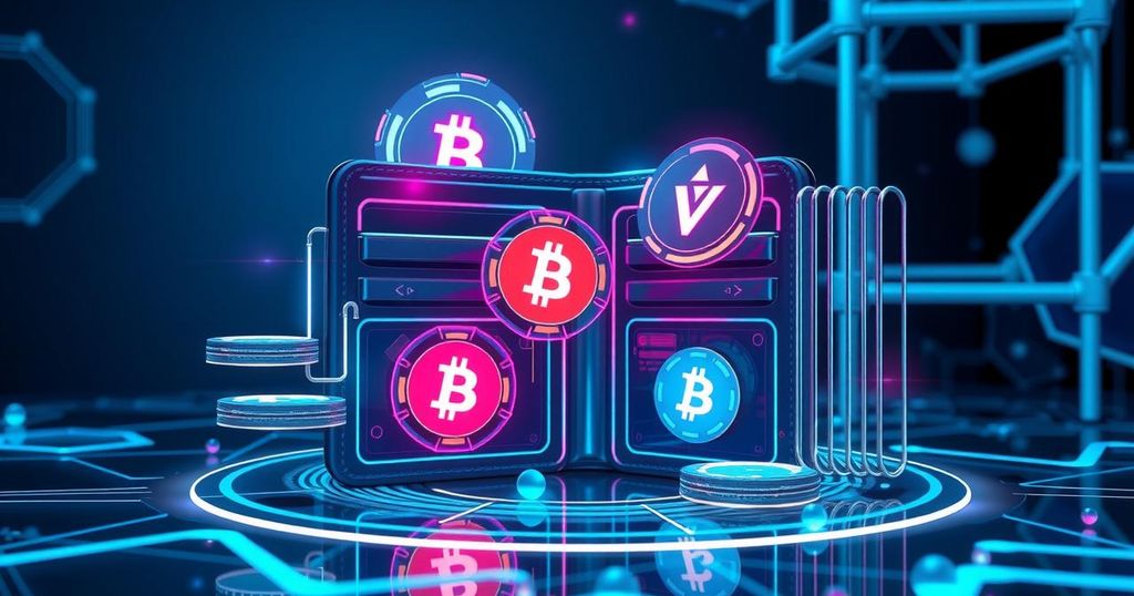 A modern digital wallet showcasing cryptocurrency icons in a futuristic setting emphasizing blockchain technology.