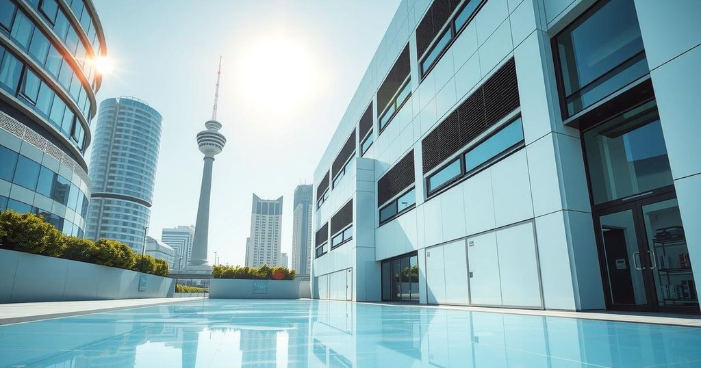 A sleek building covered in innovative reflective paint under the bright sun, showcasing urban cooling technology.