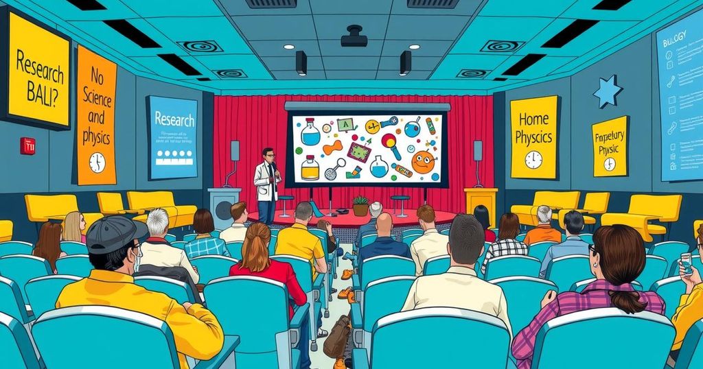 A whimsical award ceremony scene showcasing various science-themed humorous acts, illustrating quirky research accomplishments.
