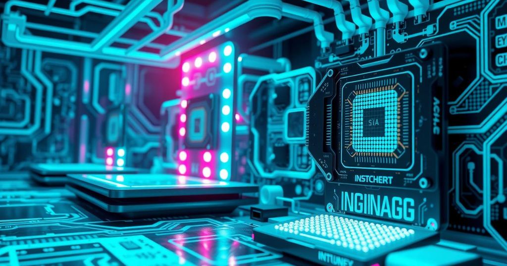 Abstract representation of AI technology in graphics processing, featuring futuristic GPU designs and a blue-green color scheme.