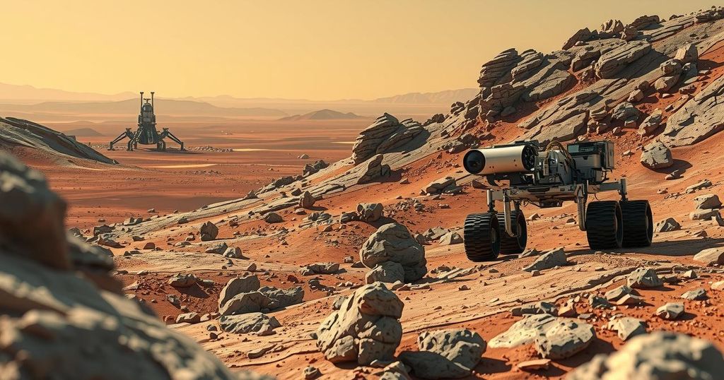 A futuristic spacecraft exploring Martian terrain with an autonomous rover navigating obstacles and capturing images.