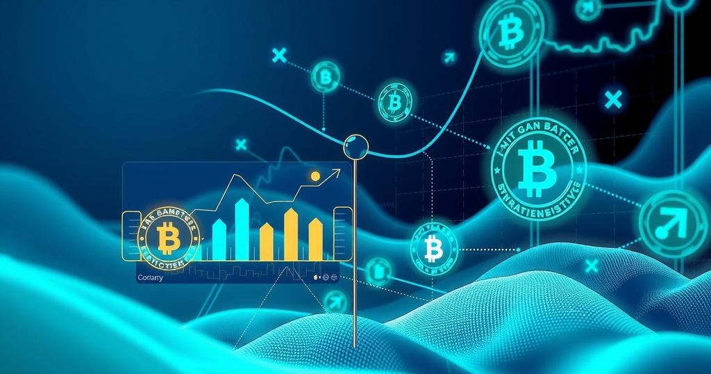 A digital representation of crypto assets with charts and symbols, showcasing blockchain connectivity and security features.