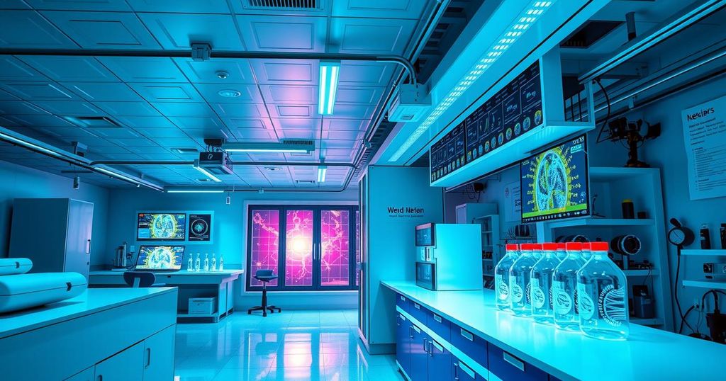 A futuristic lab with AI technology designing proteins, blue and green color scheme, showcasing scientific advancement.