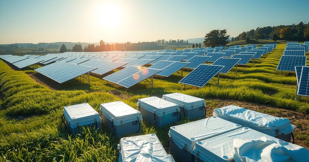 Rows of solar panels next to stored batteries in a field, symbolizing renewable energy for AI.