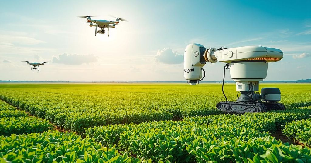 A futuristic agricultural landscape featuring smart technology, drones, and green fields embracing innovation.