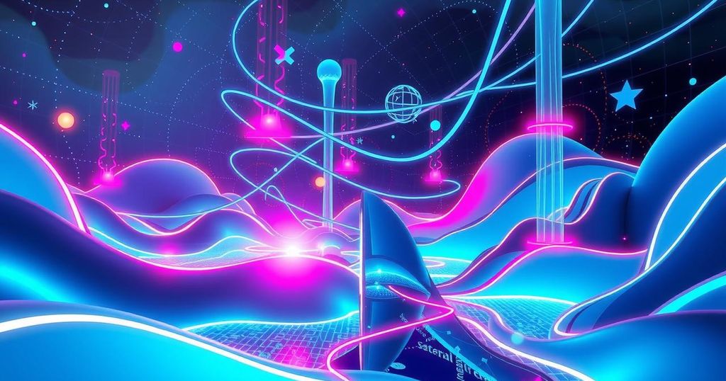 A vibrant digital landscape showcasing AR/VR technology with pixel-streaming elements, futuristic design, and deep blues.