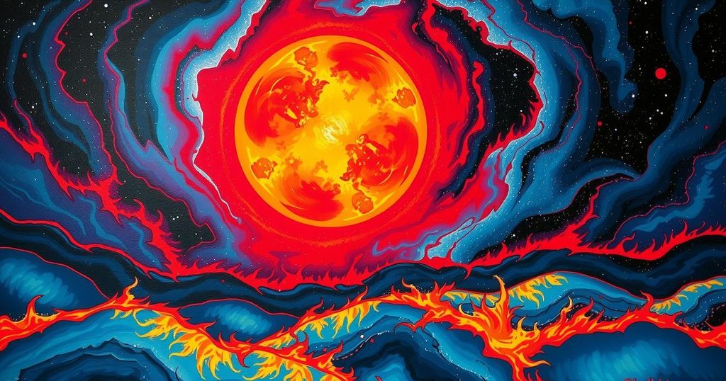 A vibrant illustration of celestial bodies and natural elements, representing science and curiosity.