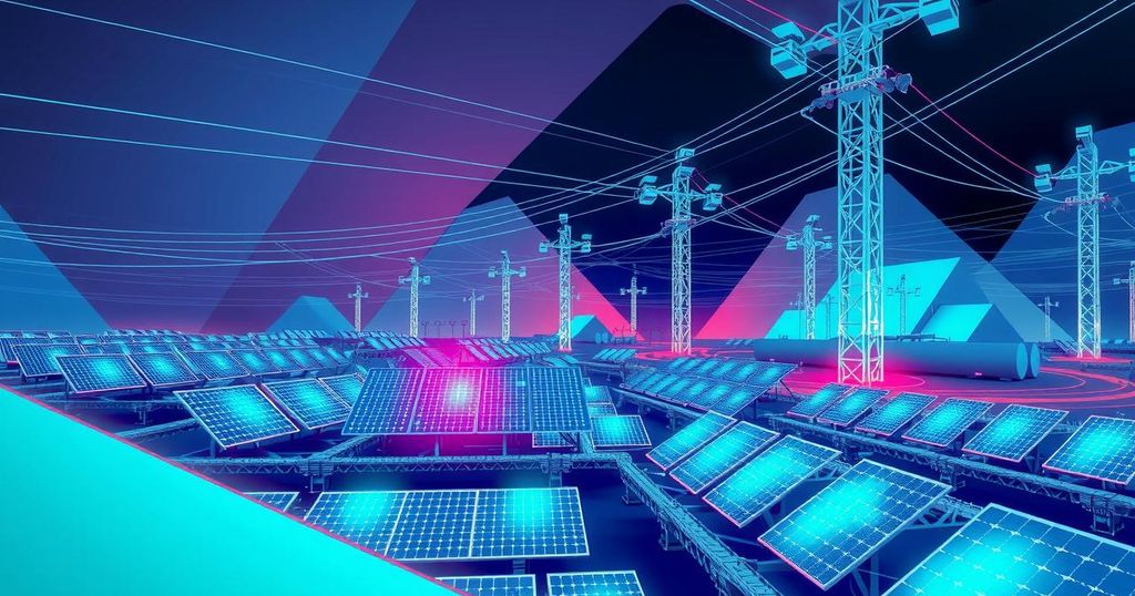 A futuristic electric grid illustration depicting advanced technology and energy sources powering AI data centers.